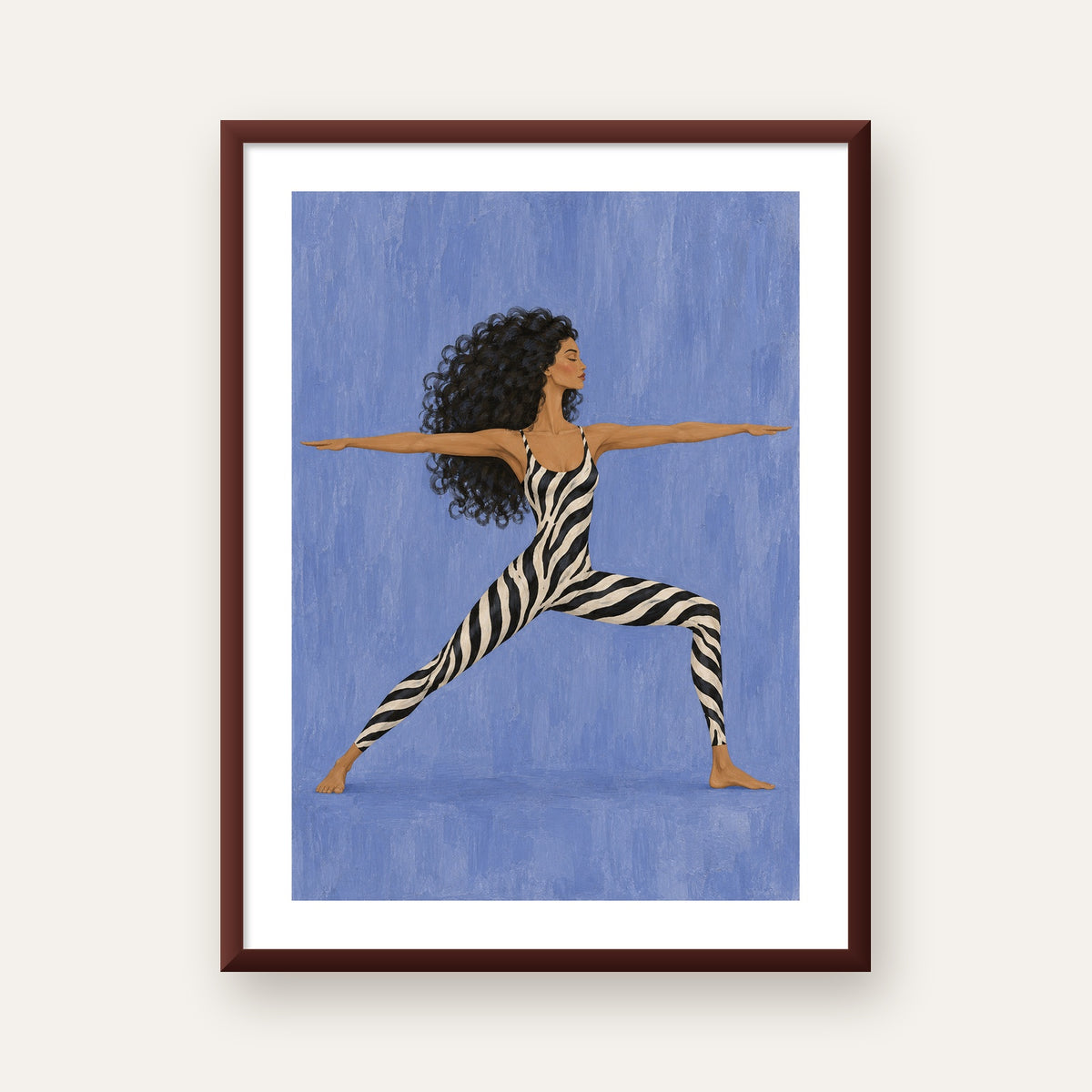 Mavi Zebra Desenli Savaşçı Pozu Yoga Poster — ceviz çerçeveli paspartulu
