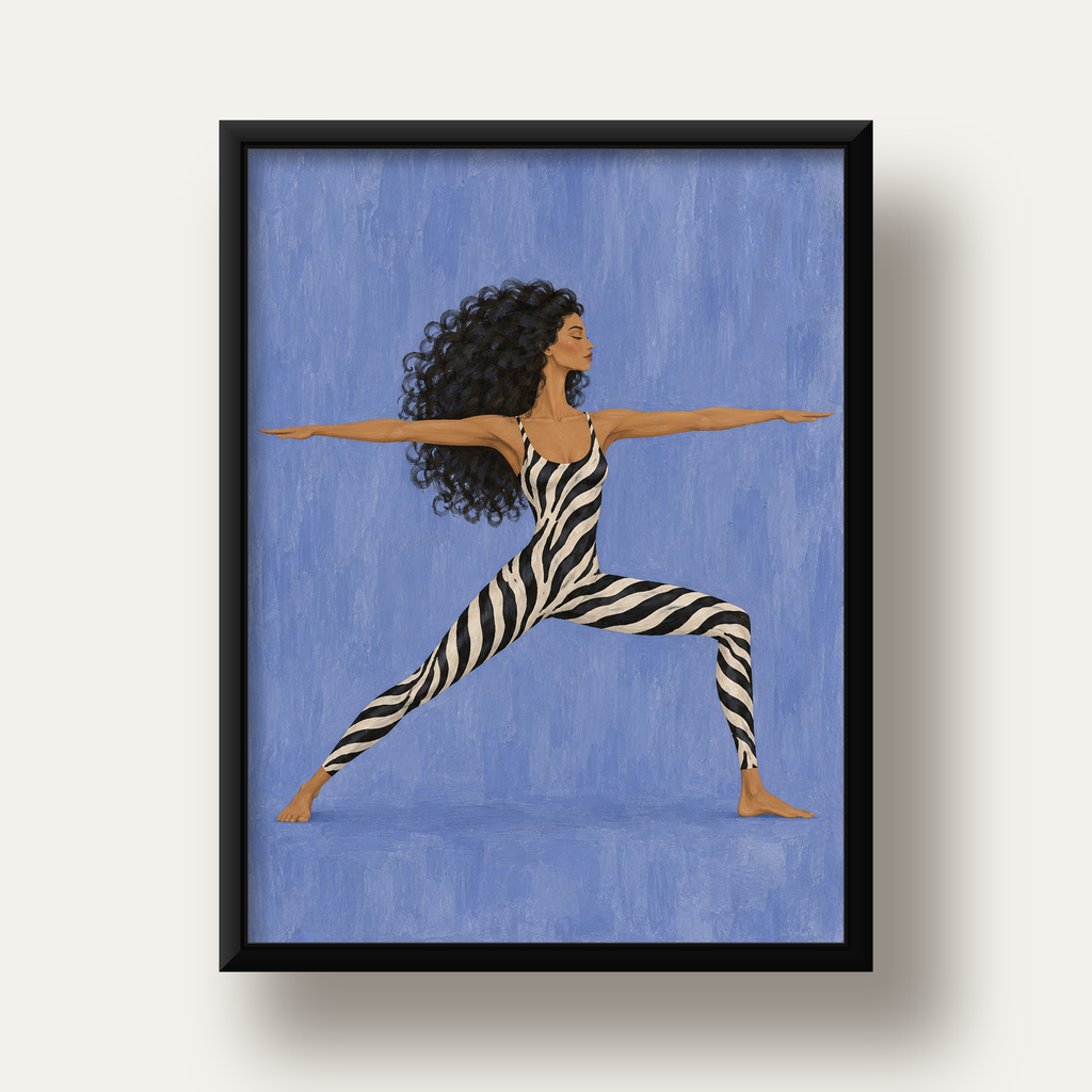 Mavi Zebra Desenli Savaşçı Pozu Yoga Poster — siyah derin çerçeveli