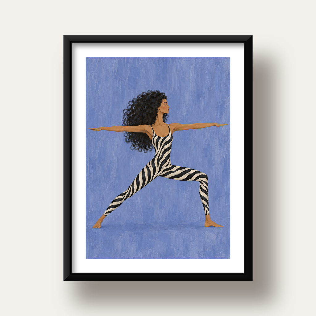 Mavi Zebra Desenli Savaşçı Pozu Yoga Poster — siyah derin çerçeveli paspartulu
