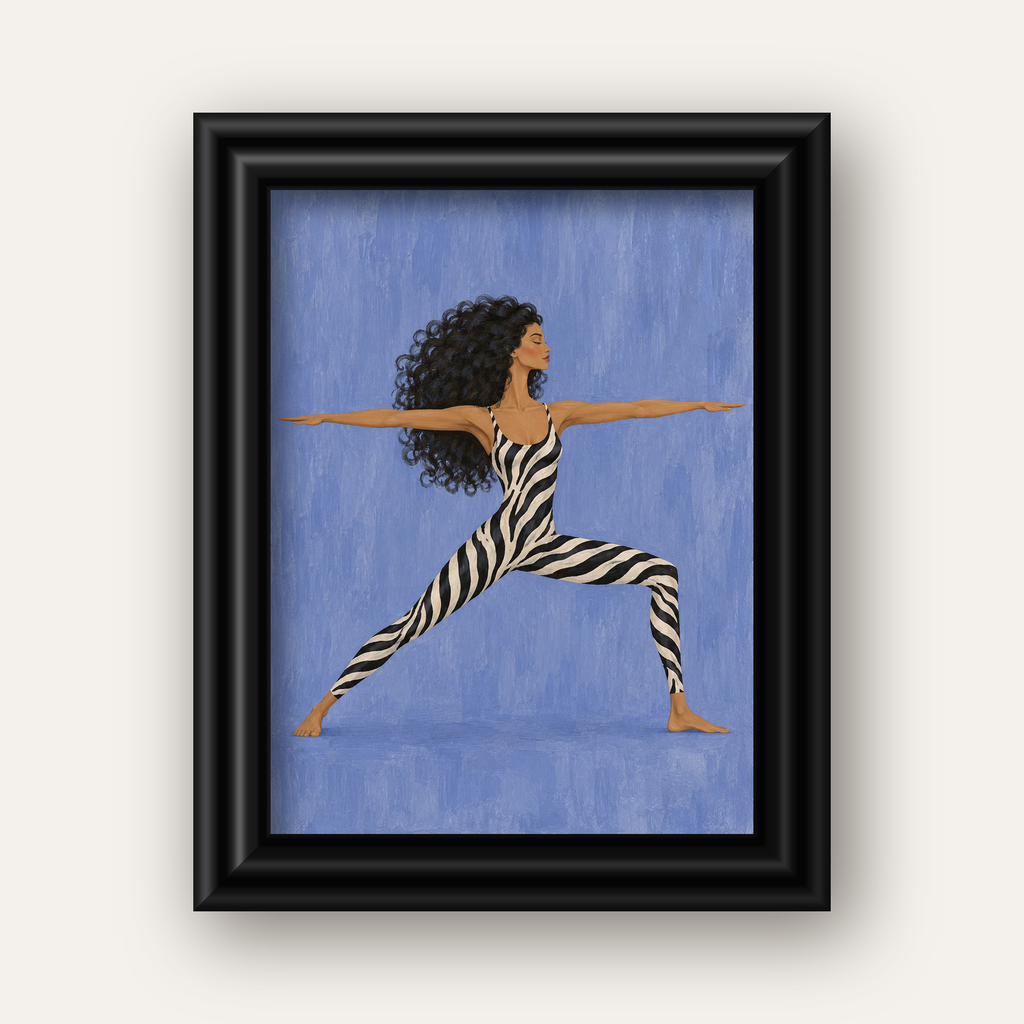 Mavi Zebra Desenli Savaşçı Pozu Yoga Poster — siyah galeri çerçeveli