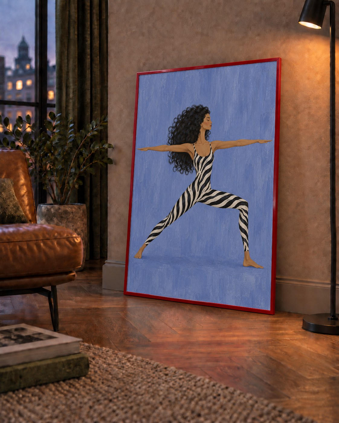 Mavi Zebra Desenli Savaşçı Pozu Yoga Poster — çerçeveli hâliyle bir ev duvarında