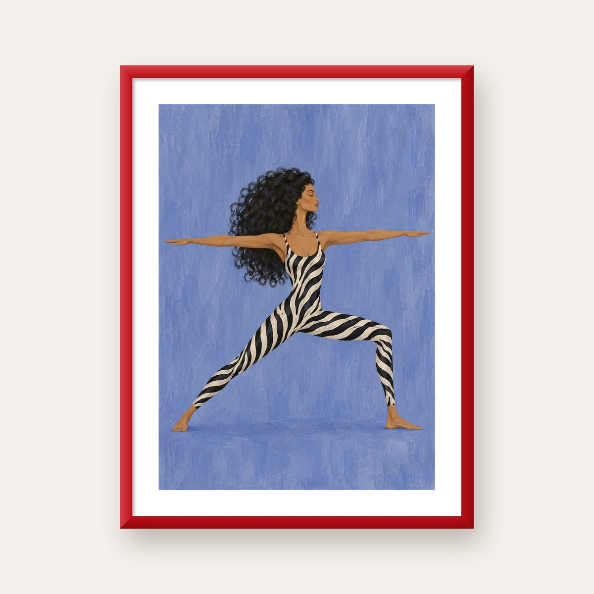Mavi Zebra Desenli Savaşçı Pozu Yoga Poster — kırmızı çerçeveli paspartulu