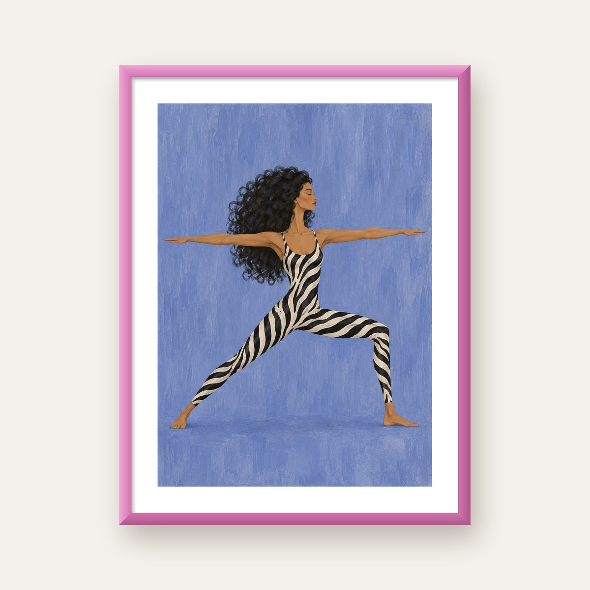 Mavi Zebra Desenli Savaşçı Pozu Yoga Poster — pembe çerçeveli paspartulu