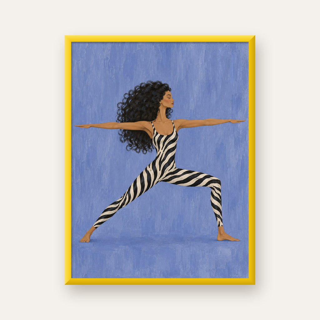 Mavi Zebra Desenli Savaşçı Pozu Yoga Poster — sarı çerçeveli