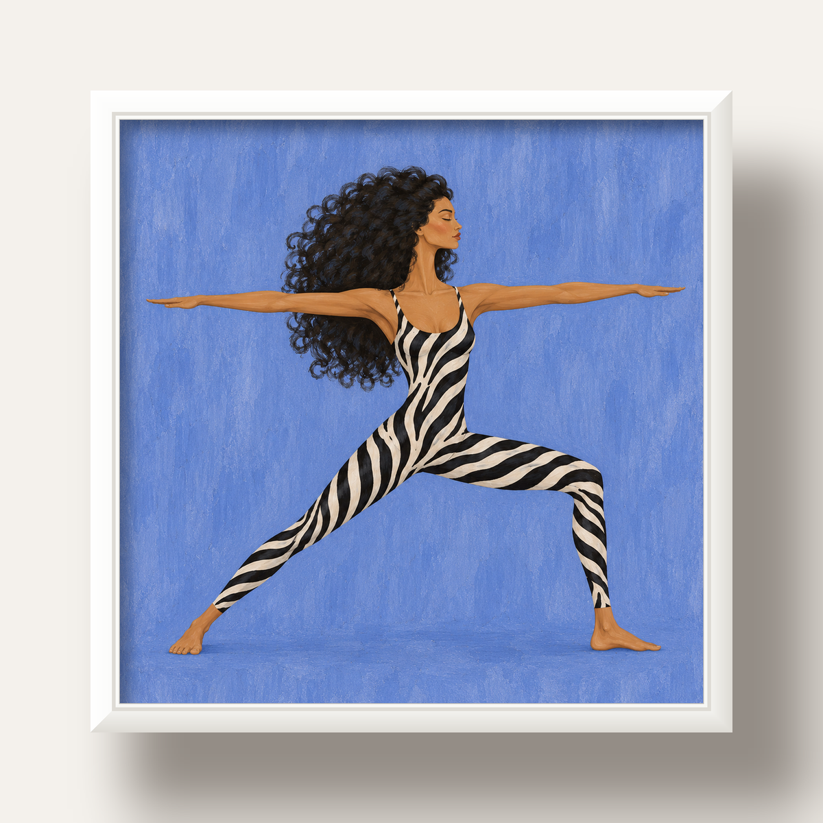 Mavi Zebra Desenli Savaşçı Pozu Yoga Poster — beyaz derin çerçeveli