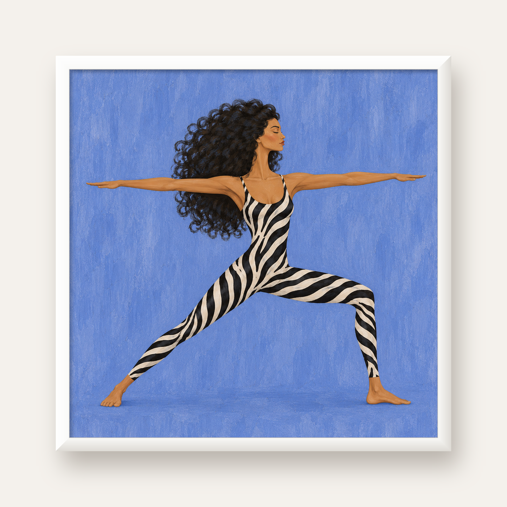 Mavi Zebra Desenli Savaşçı Pozu Yoga Poster — beyaz çerçeveli kare poster