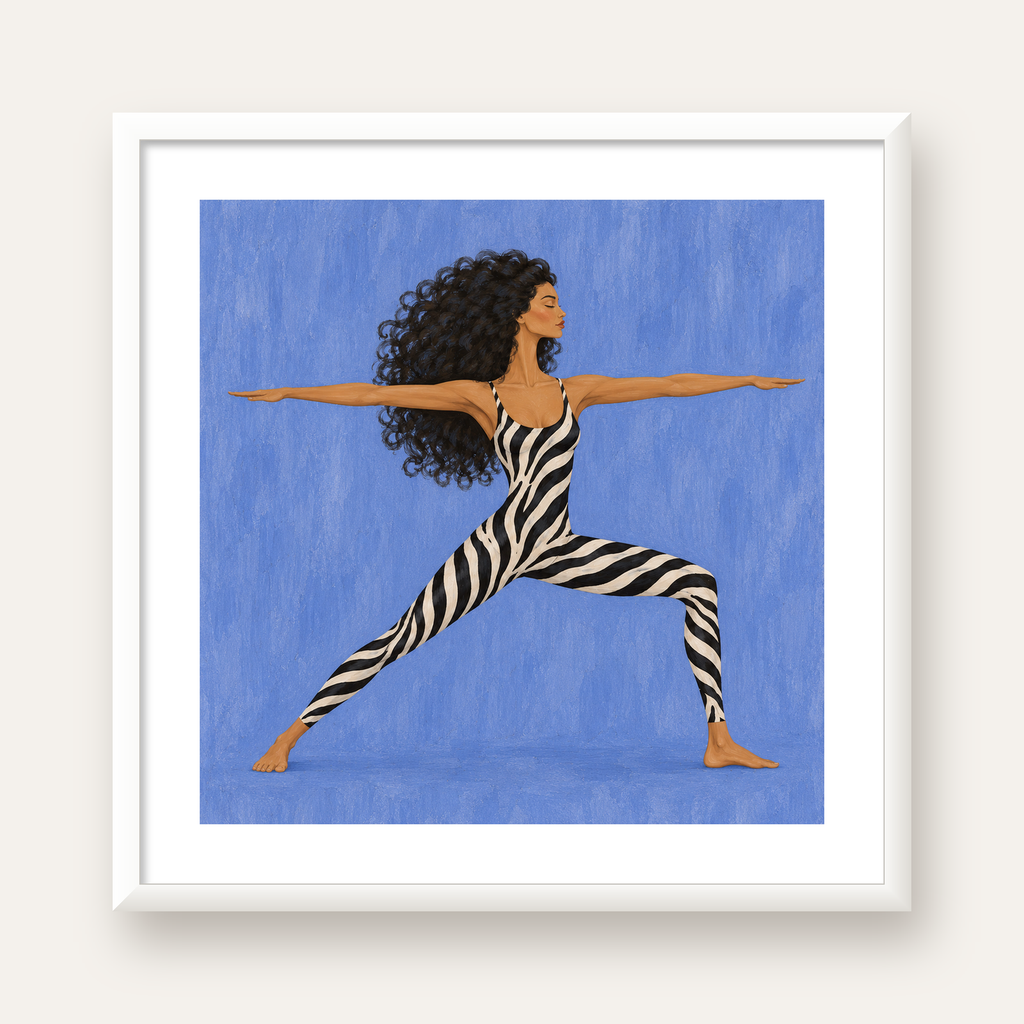 Mavi Zebra Desenli Savaşçı Pozu Yoga Poster — beyaz çerçeveli kare poster