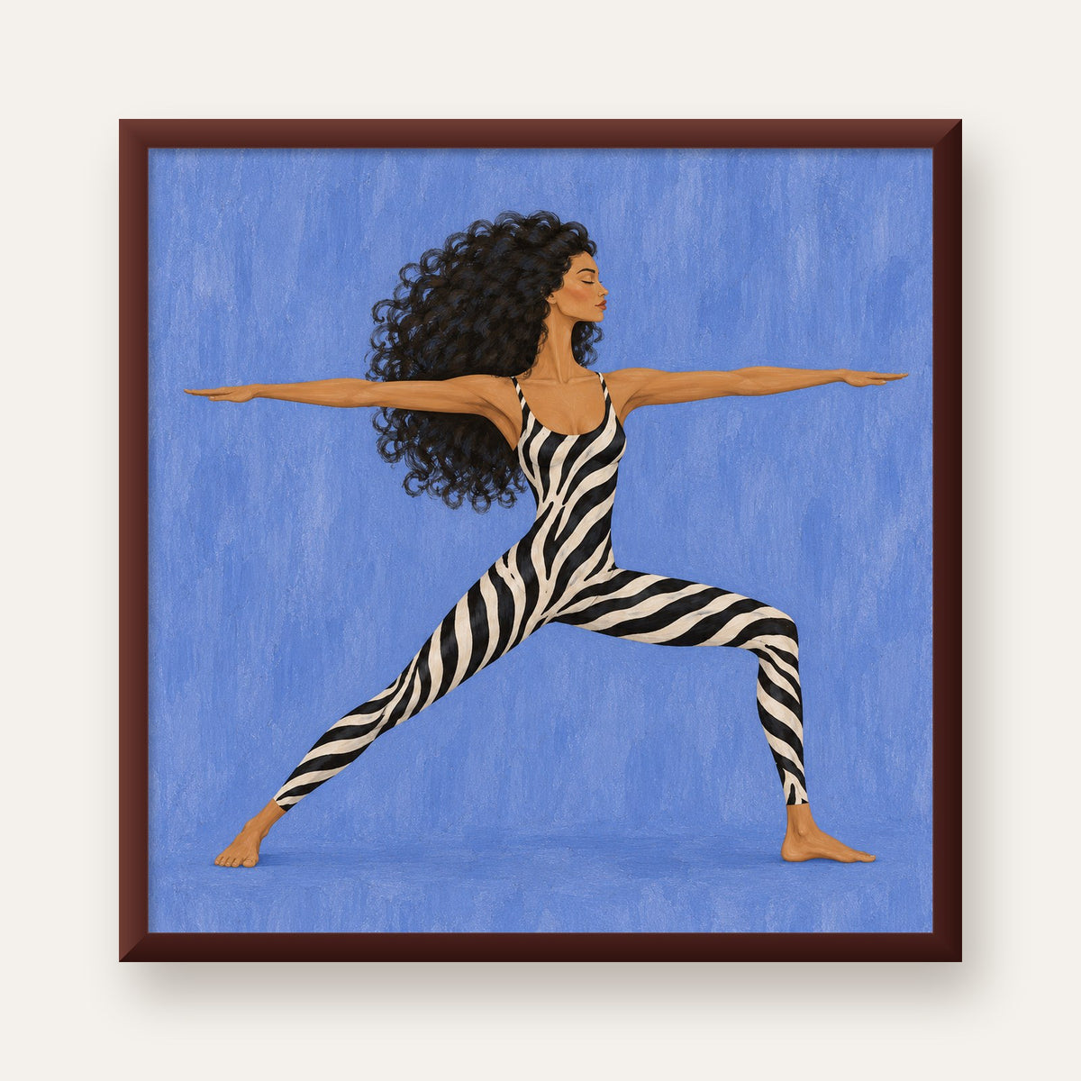 Mavi Zebra Desenli Savaşçı Pozu Yoga Poster — ceviz çerçeveli