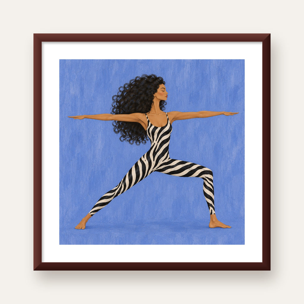 Mavi Zebra Desenli Savaşçı Pozu Yoga Poster — ceviz çerçeveli paspartulu