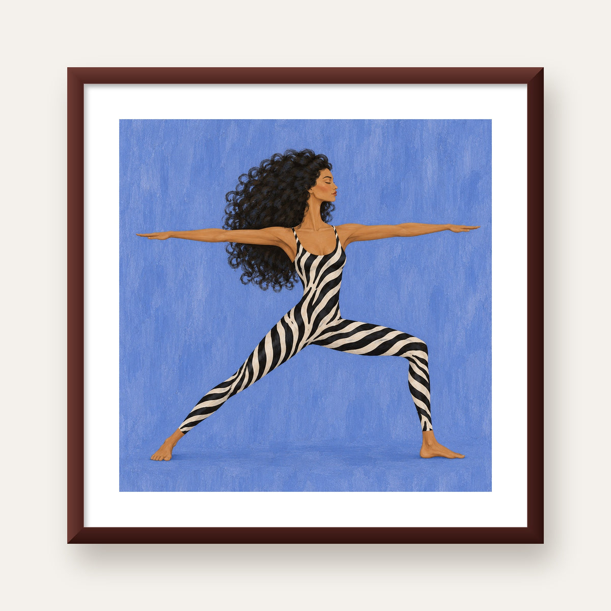 Mavi Zebra Desenli Savaşçı Pozu Yoga Poster — ceviz çerçeveli paspartulu
