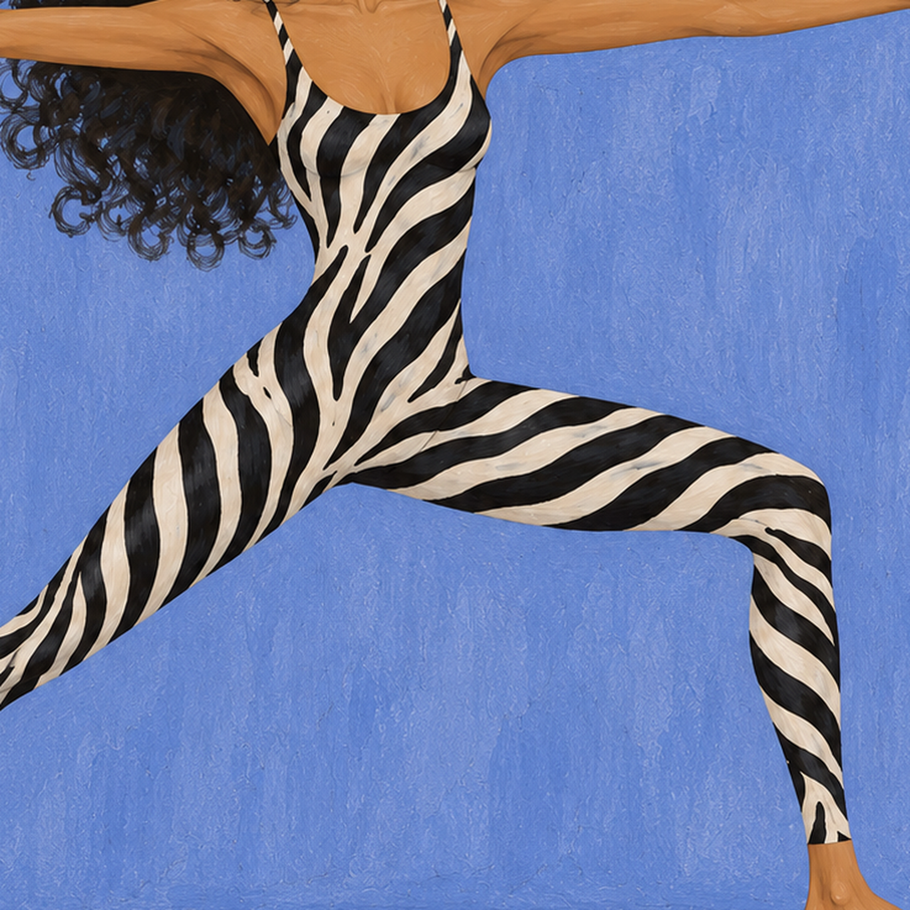 Zebra Desenli Yoga Pozlu Modern Sanat Poster — baskının yakın çekimi, kâğıt dokusu ve renk detayı