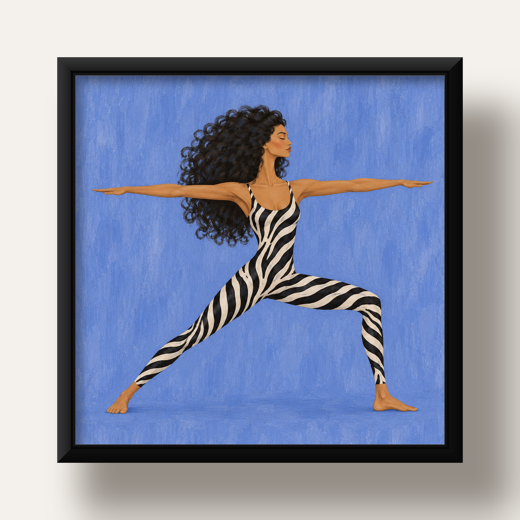 Mavi Zebra Desenli Savaşçı Pozu Yoga Poster — siyah derin çerçeveli