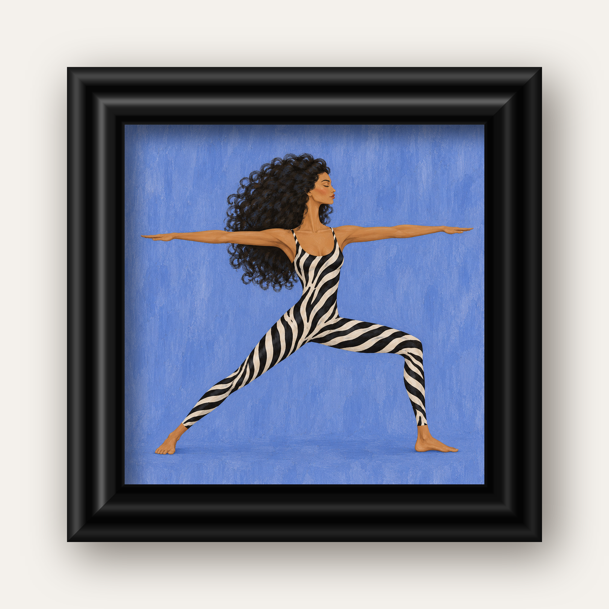 Mavi Zebra Desenli Savaşçı Pozu Yoga Poster — siyah galeri çerçeveli