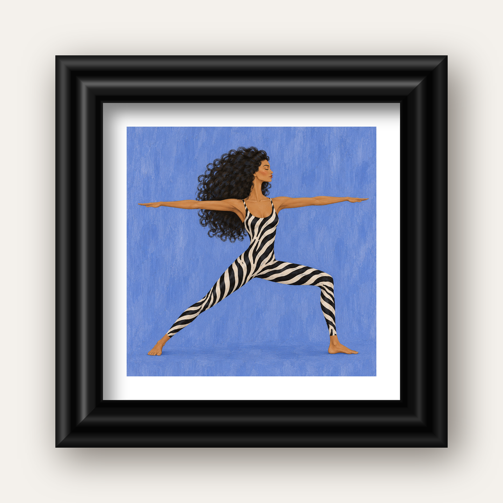 Mavi Zebra Desenli Savaşçı Pozu Yoga Poster — siyah galeri çerçeveli paspartulu