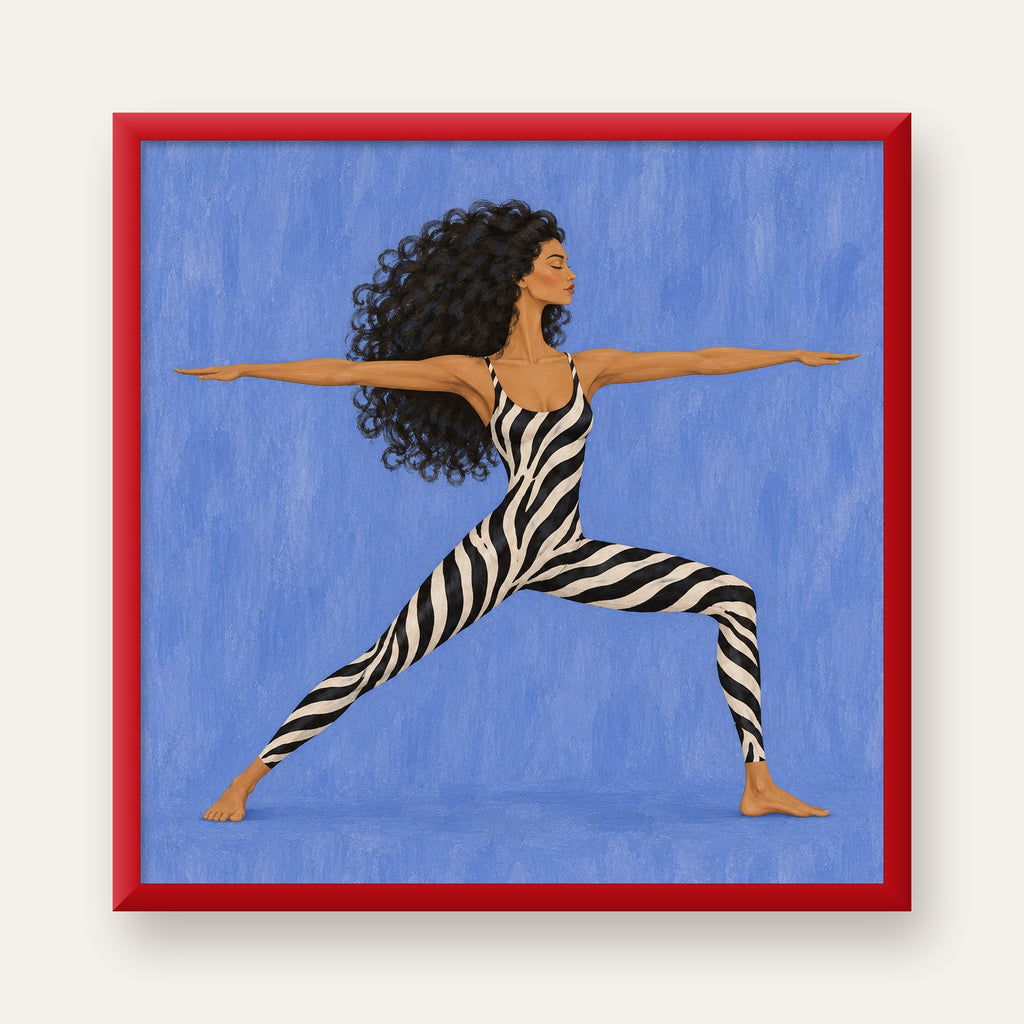Mavi Zebra Desenli Savaşçı Pozu Yoga Poster — kırmızı çerçeveli