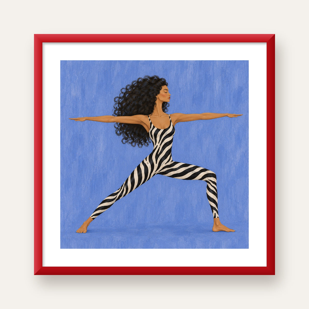 Mavi Zebra Desenli Savaşçı Pozu Yoga Poster — kırmızı çerçeveli paspartulu