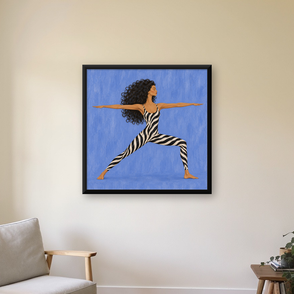 Zebra Desenli Yoga Pozlu Modern Sanat Poster — Kare baskı, çerçeveli hâliyle bir ev duvarında