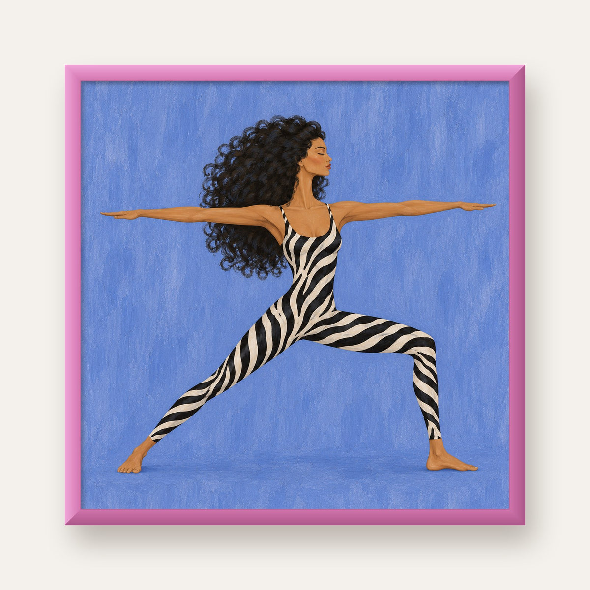 Mavi Zebra Desenli Savaşçı Pozu Yoga Poster — pembe çerçeveli