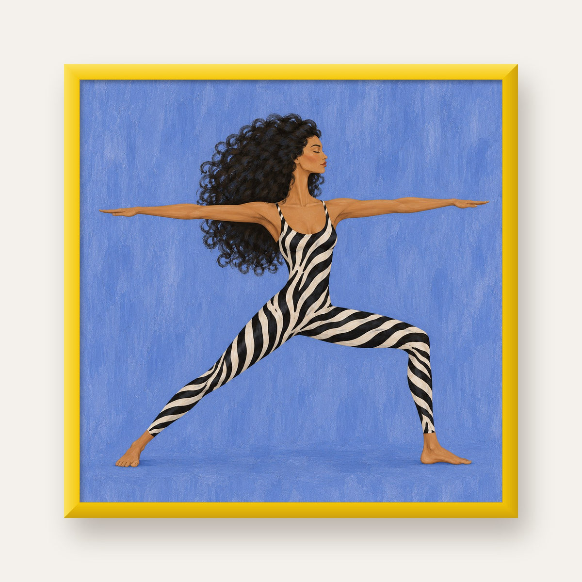 Mavi Zebra Desenli Savaşçı Pozu Yoga Poster — sarı çerçeveli