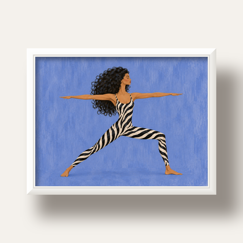 Mavi Zebra Desenli Savaşçı Pozu Yoga Poster — beyaz derin çerçeveli