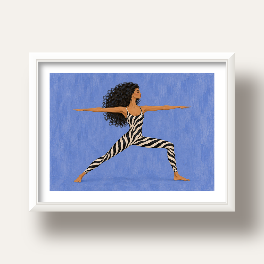 Mavi Zebra Desenli Savaşçı Pozu Yoga Poster — beyaz derin çerçeveli paspartulu