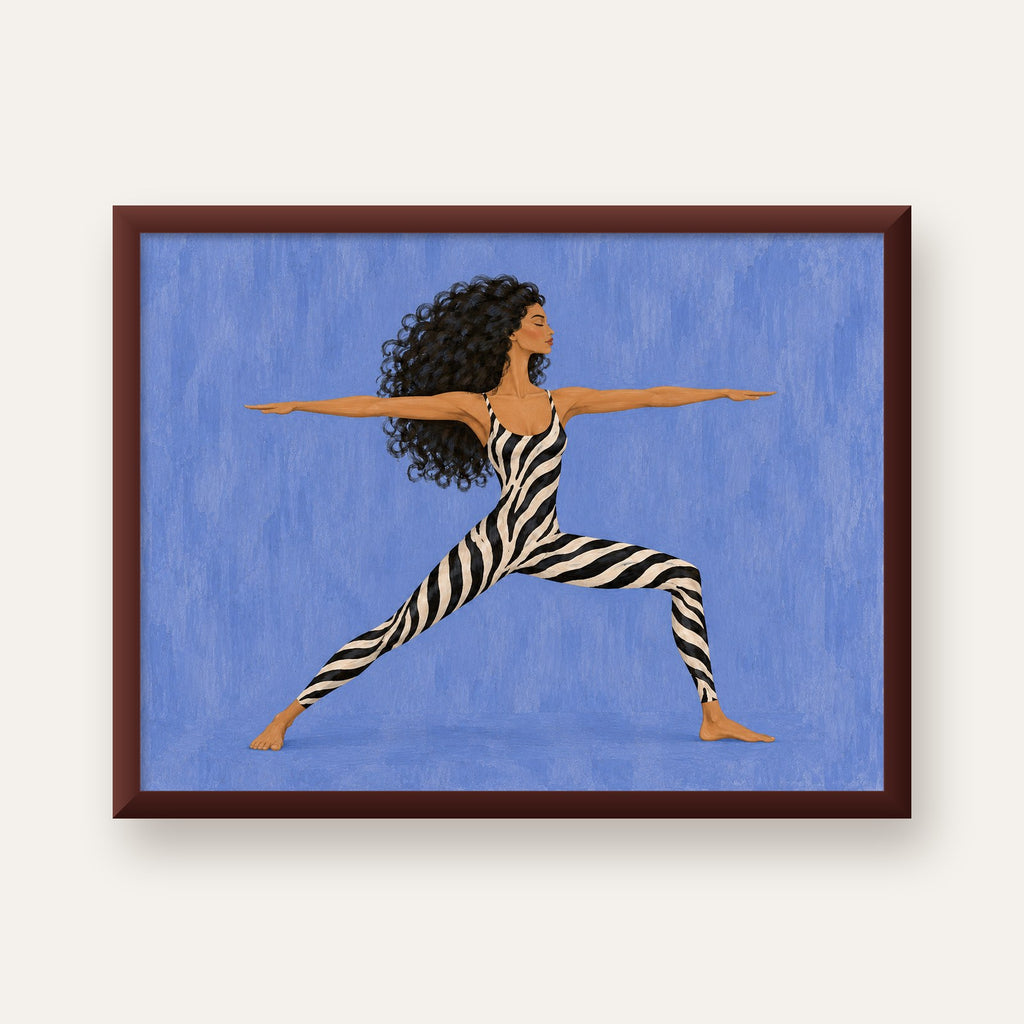 Mavi Zebra Desenli Savaşçı Pozu Yoga Poster — ceviz çerçeveli