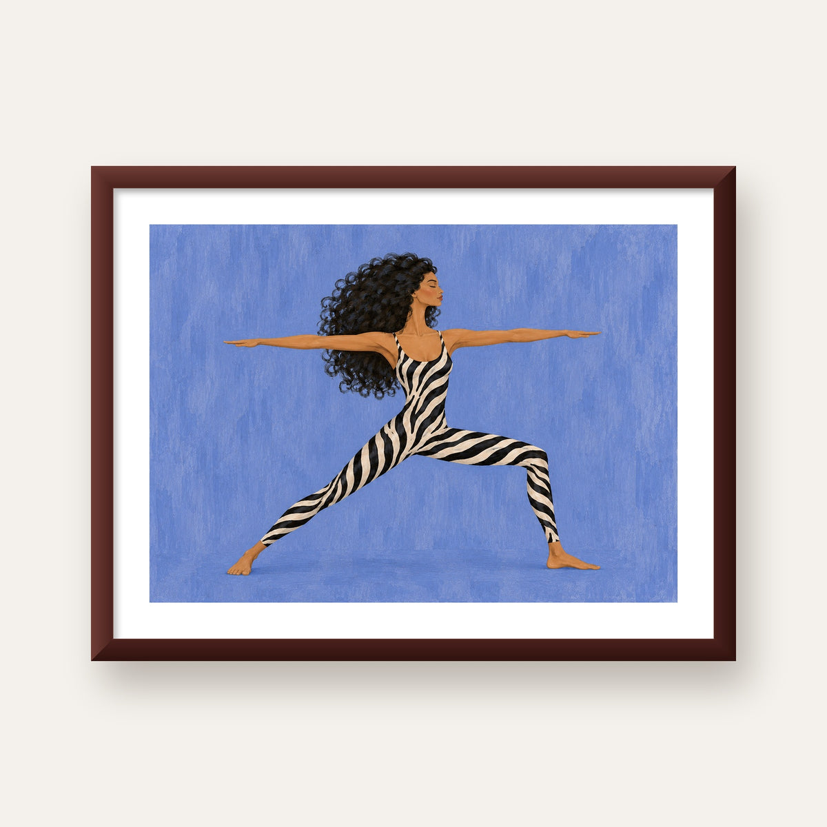 Mavi Zebra Desenli Savaşçı Pozu Yoga Poster — ceviz çerçeveli paspartulu