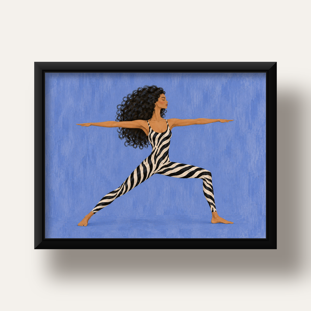 Mavi Zebra Desenli Savaşçı Pozu Yoga Poster — siyah derin çerçeveli