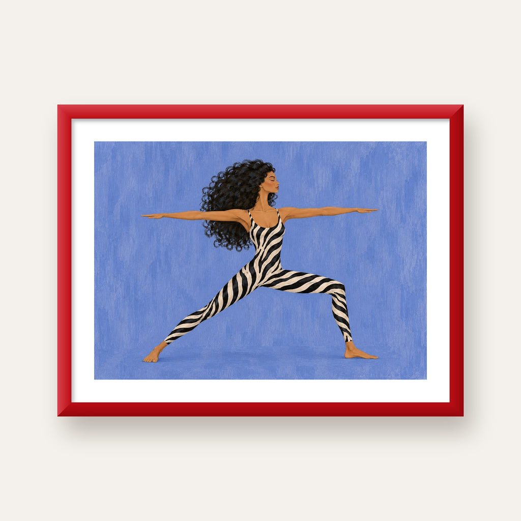 Mavi Zebra Desenli Savaşçı Pozu Yoga Poster — kırmızı çerçeveli paspartulu