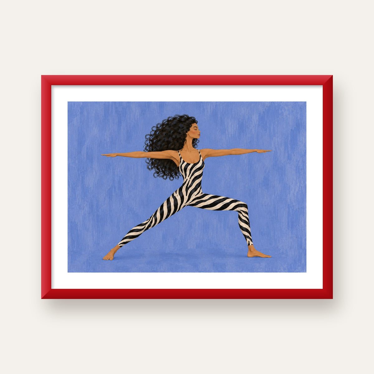 Mavi Zebra Desenli Savaşçı Pozu Yoga Poster — kırmızı çerçeveli paspartulu