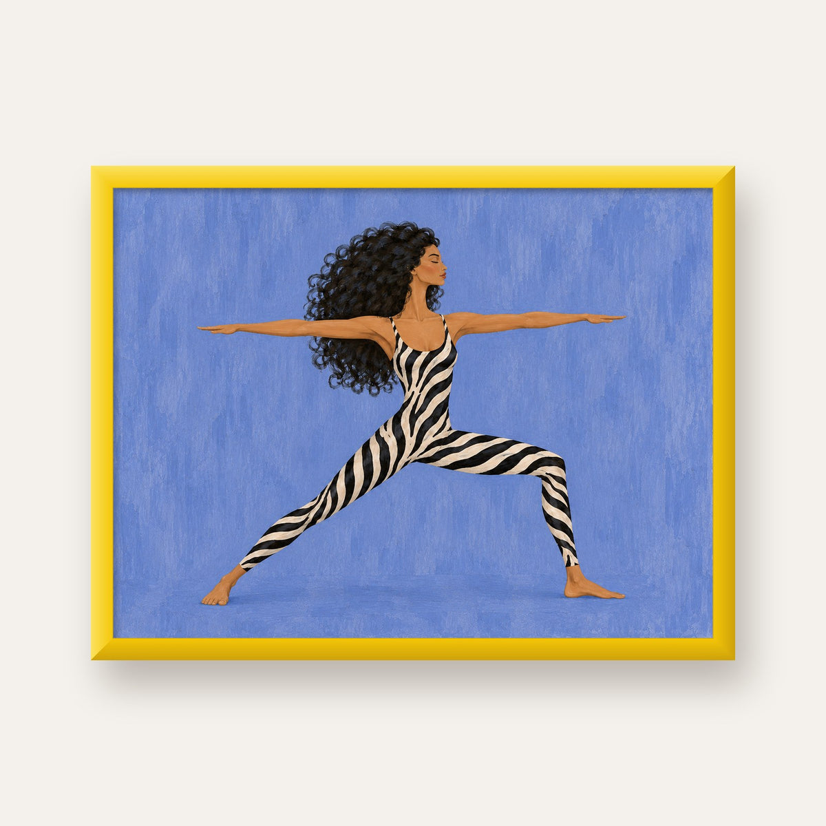 Mavi Zebra Desenli Savaşçı Pozu Yoga Poster — sarı çerçeveli