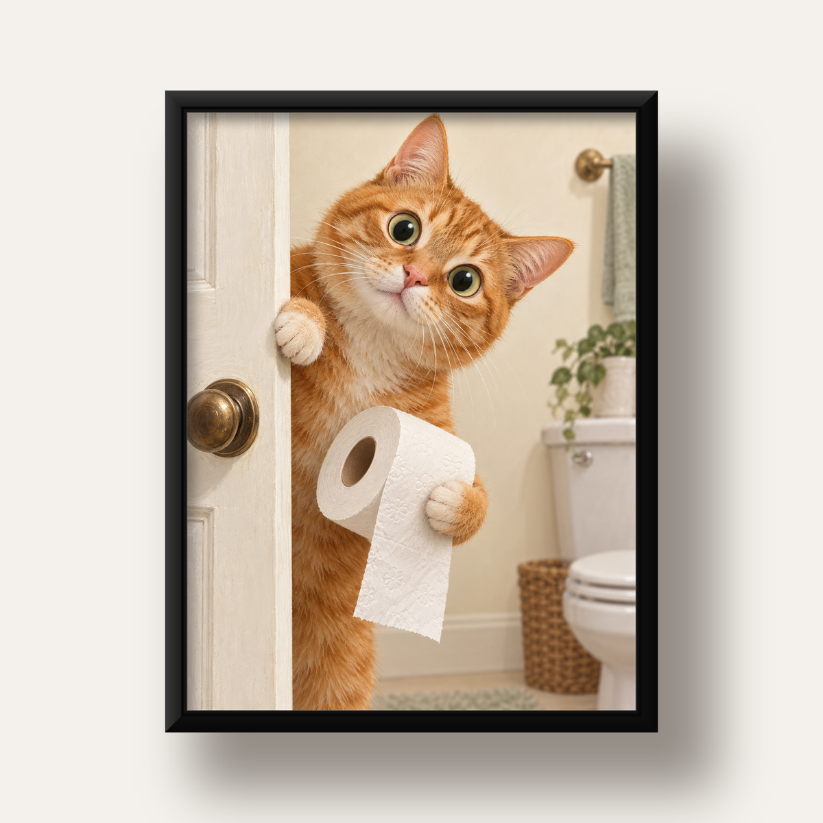 Komik Tuvalette Kedi Poster – Turuncu Kedi Banyo Dekoru — siyah derin çerçeveli