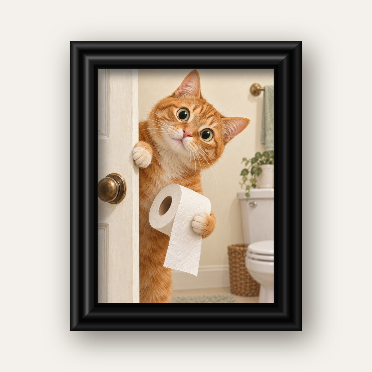 Komik Tuvalette Kedi Poster – Turuncu Kedi Banyo Dekoru — siyah galeri çerçeveli