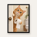 Komik Tuvalette Kedi Poster – Turuncu Kedi Banyo Dekoru — Dikey baskı, düz siyah çerçeveli duvar posteri