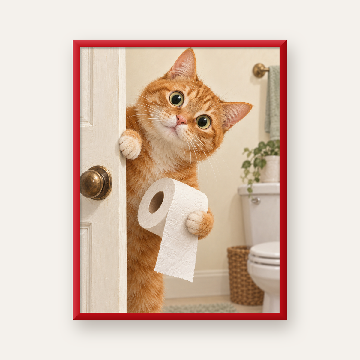 Komik Tuvalette Kedi Poster – Turuncu Kedi Banyo Dekoru — kırmızı çerçeveli