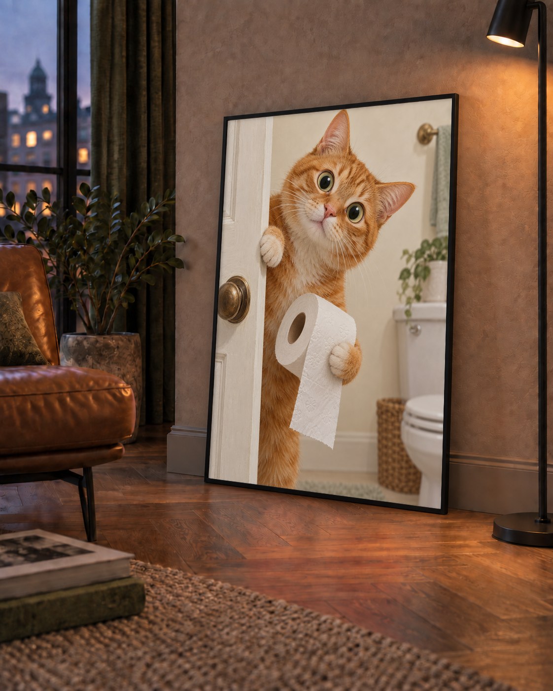 Komik Tuvalette Kedi Poster – Turuncu Kedi Banyo Dekoru — çerçeveli hâliyle bir ev duvarında