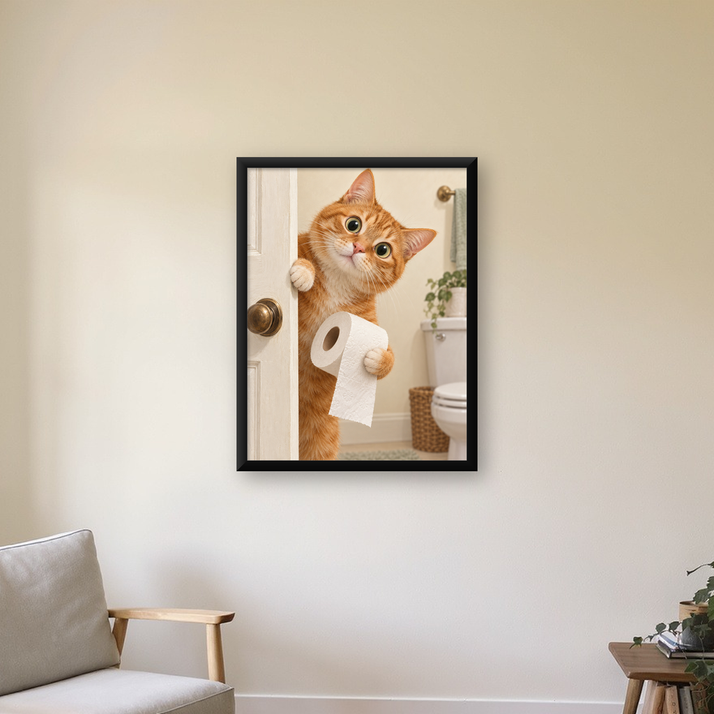 Komik Tuvalette Kedi Poster – Turuncu Kedi Banyo Dekoru — Dikey baskı, çerçeveli hâliyle bir ev duvarında
