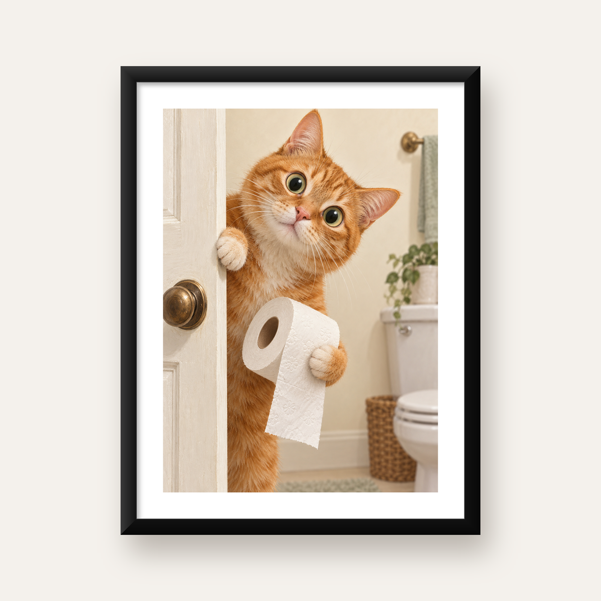 Komik Tuvalette Kedi Poster – Turuncu Kedi Banyo Dekoru — Dikey baskı, beyaz paspartulu