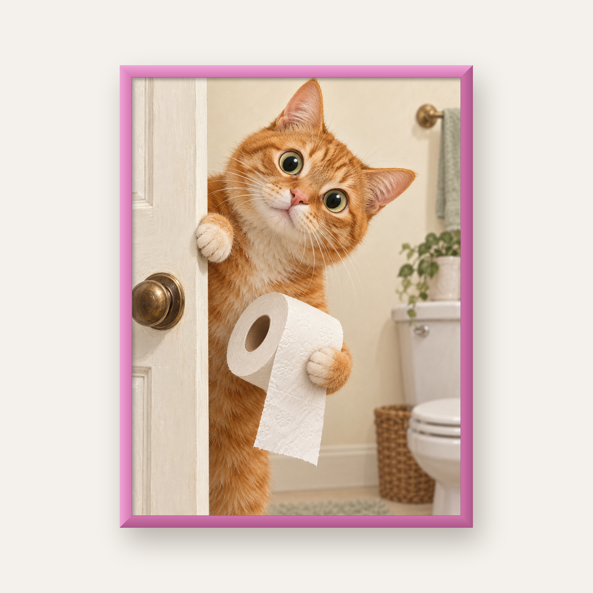 Komik Tuvalette Kedi Poster – Turuncu Kedi Banyo Dekoru — pembe çerçeveli