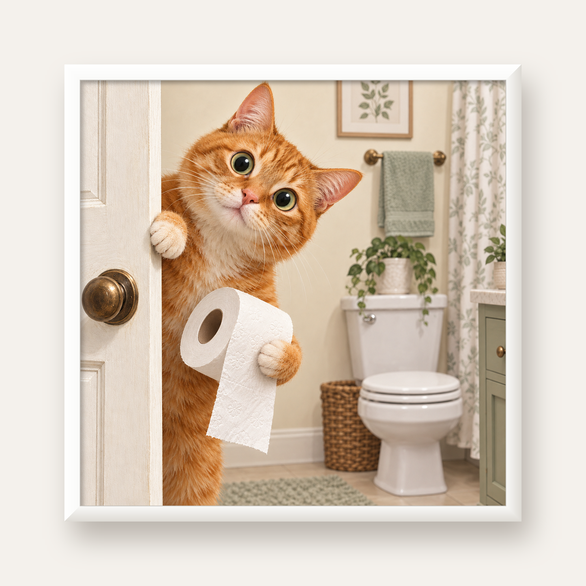Komik Tuvalette Kedi Poster – Turuncu Kedi Banyo Dekoru — beyaz çerçeveli kare poster