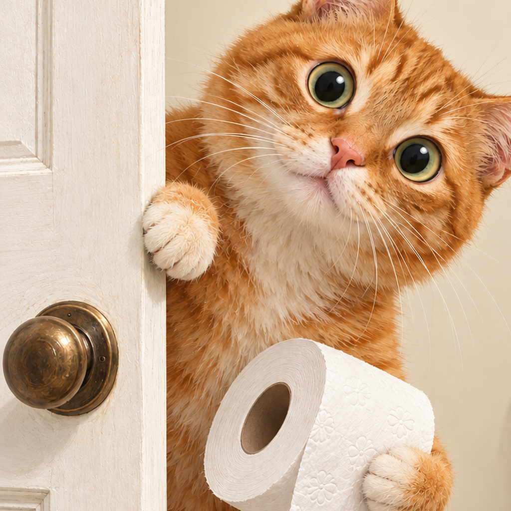 Komik Tuvalette Kedi Poster – Turuncu Kedi Banyo Dekoru — baskının yakın çekimi, kâğıt dokusu ve renk detayı