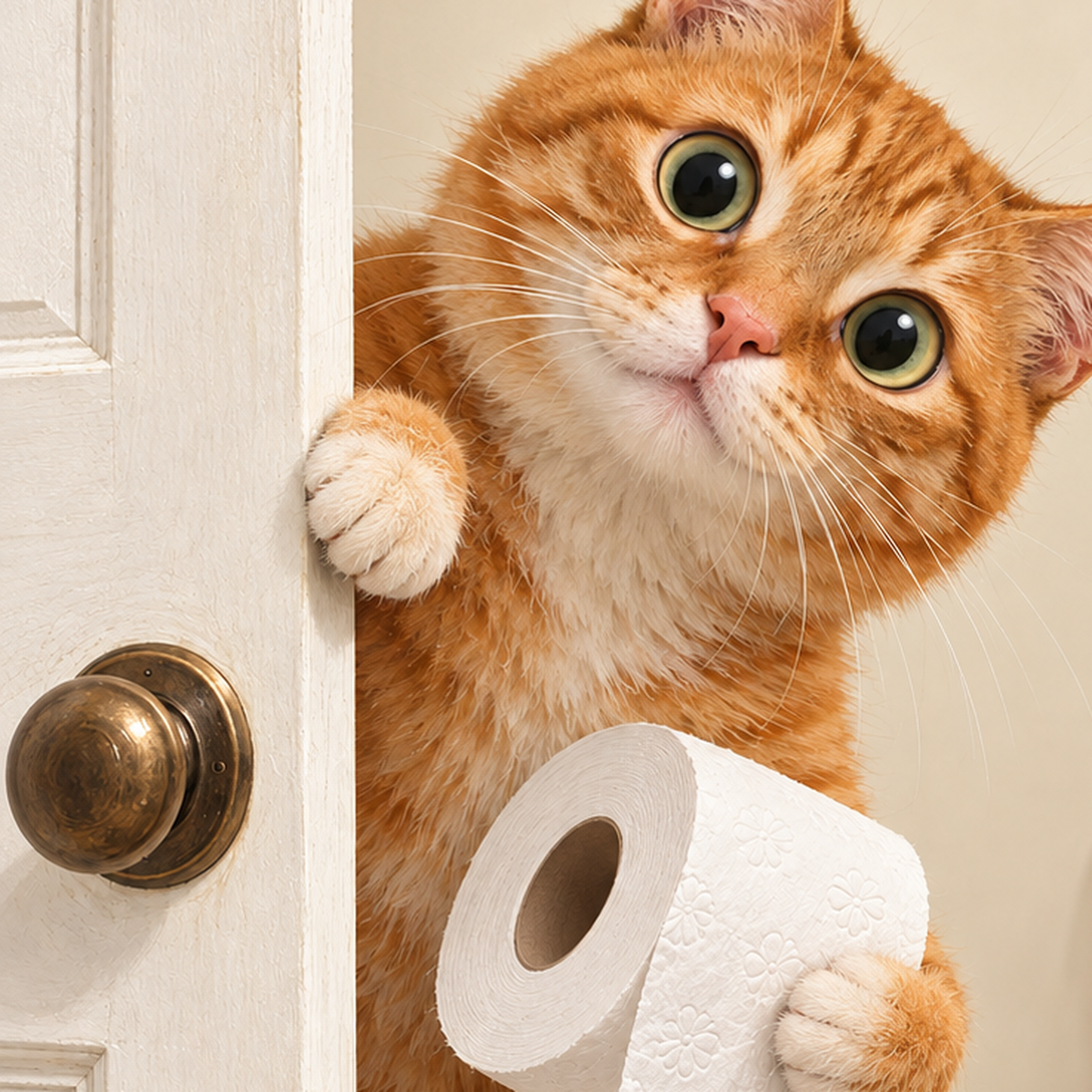 Komik Tuvalette Kedi Poster – Turuncu Kedi Banyo Dekoru — baskının yakın çekimi, kâğıt dokusu ve renk detayı