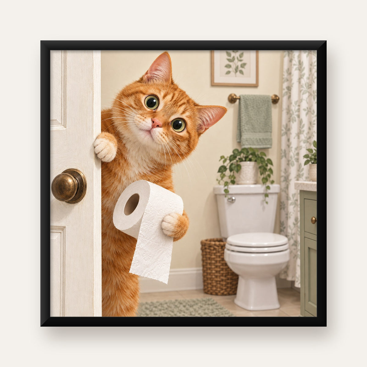 Komik Tuvalette Kedi Poster – Turuncu Kedi Banyo Dekoru — Kare baskı, düz siyah çerçeveli duvar posteri