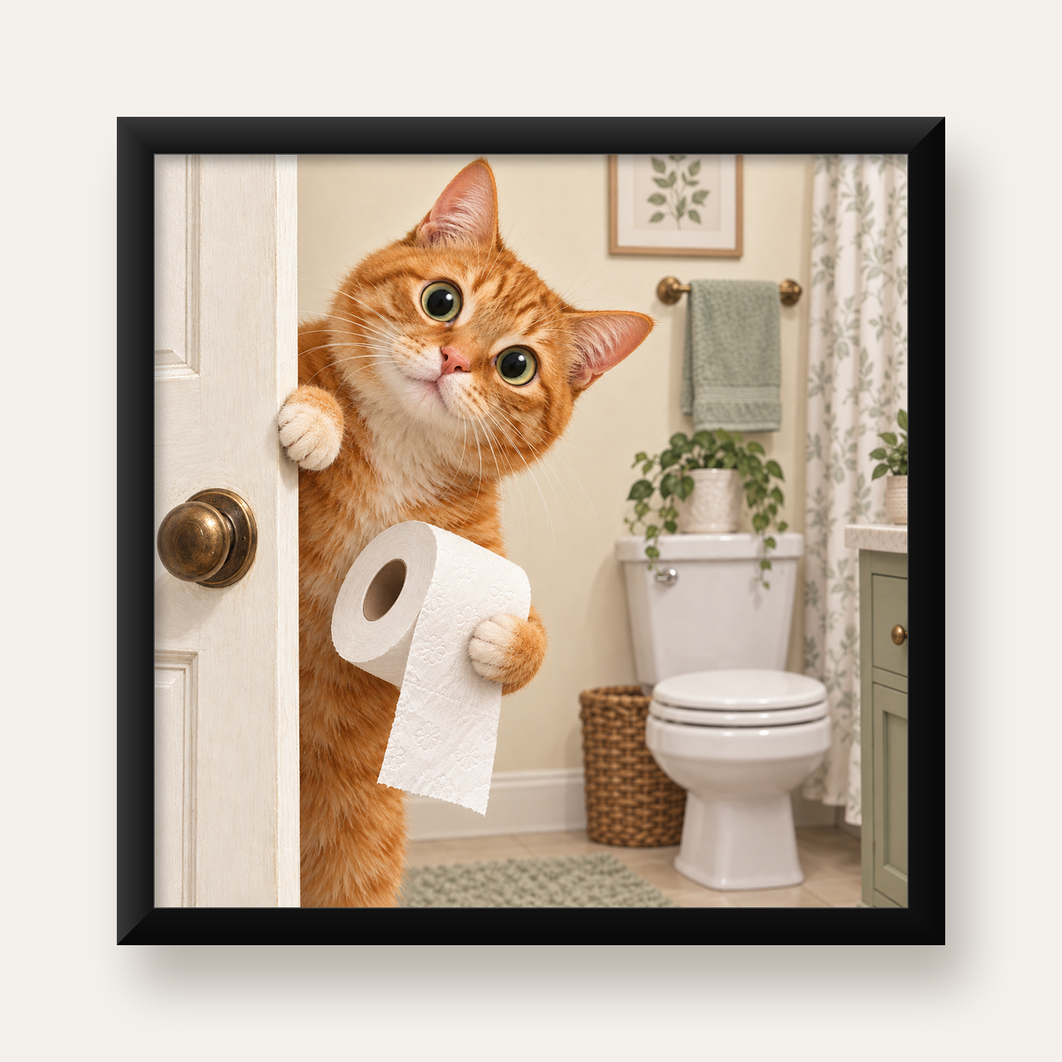 Komik Tuvalette Kedi Poster – Turuncu Kedi Banyo Dekoru — Kare baskı, düz siyah çerçeveli duvar posteri