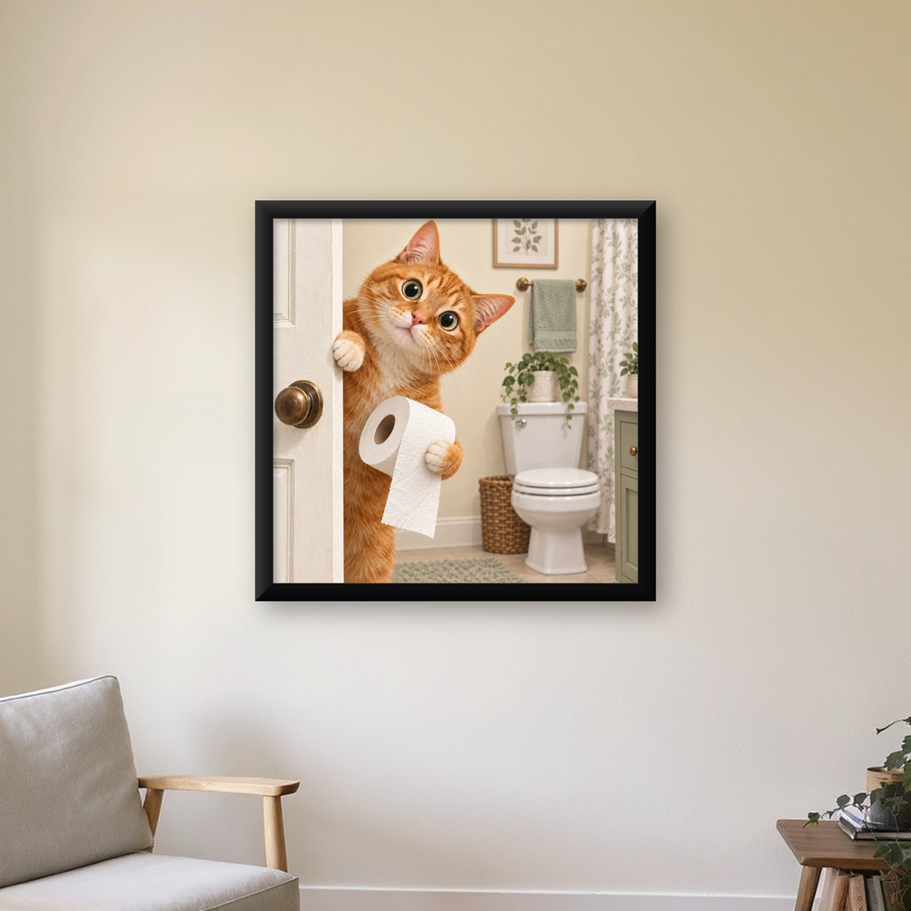 Komik Tuvalette Kedi Poster – Turuncu Kedi Banyo Dekoru — Kare baskı, çerçeveli hâliyle bir ev duvarında