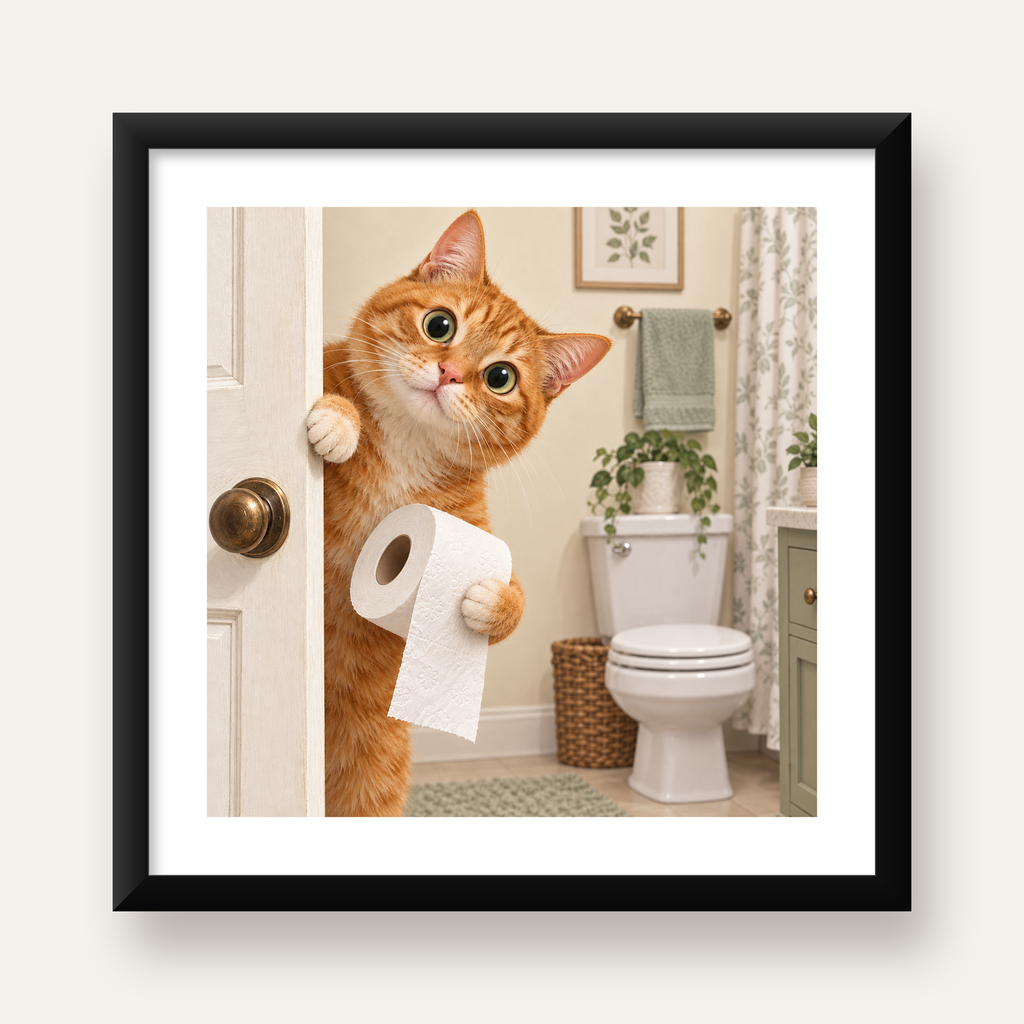 Komik Tuvalette Kedi Poster – Turuncu Kedi Banyo Dekoru — Kare baskı, beyaz paspartulu