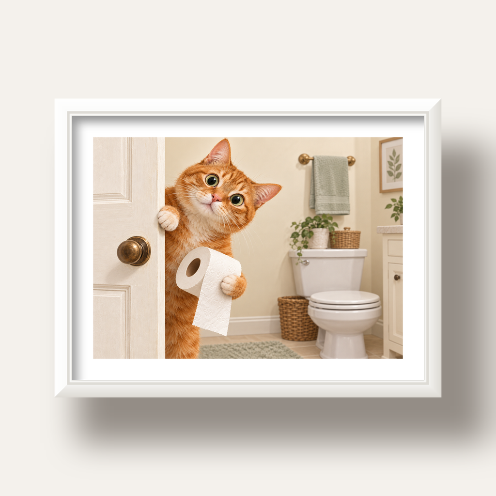 Komik Tuvalette Kedi Poster – Turuncu Kedi Banyo Dekoru — beyaz derin çerçeveli paspartulu