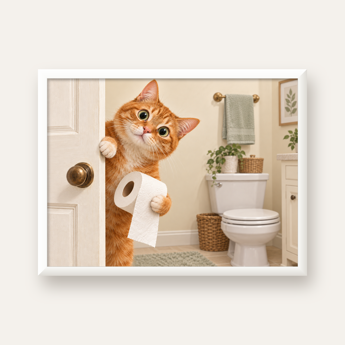 Komik Tuvalette Kedi Poster – Turuncu Kedi Banyo Dekoru — beyaz çerçeveli yatay poster