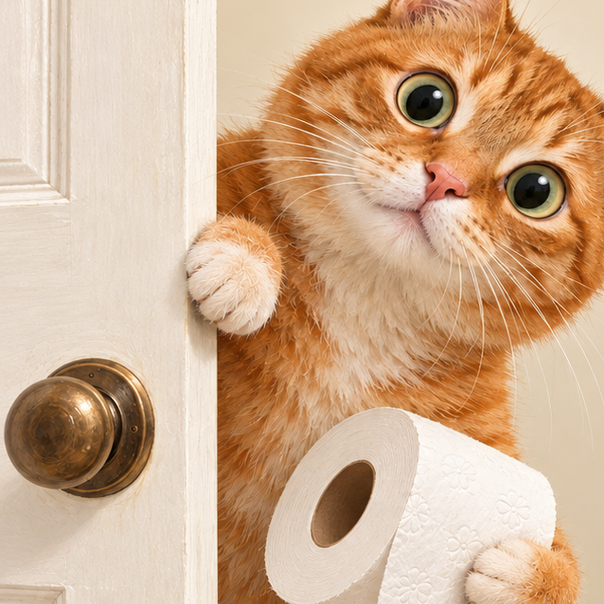 Komik Tuvalette Kedi Poster – Turuncu Kedi Banyo Dekoru — baskının yakın çekimi, kâğıt dokusu ve renk detayı