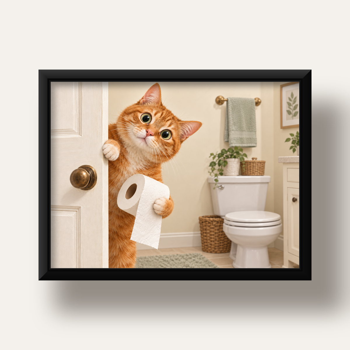Komik Tuvalette Kedi Poster – Turuncu Kedi Banyo Dekoru — siyah derin çerçeveli